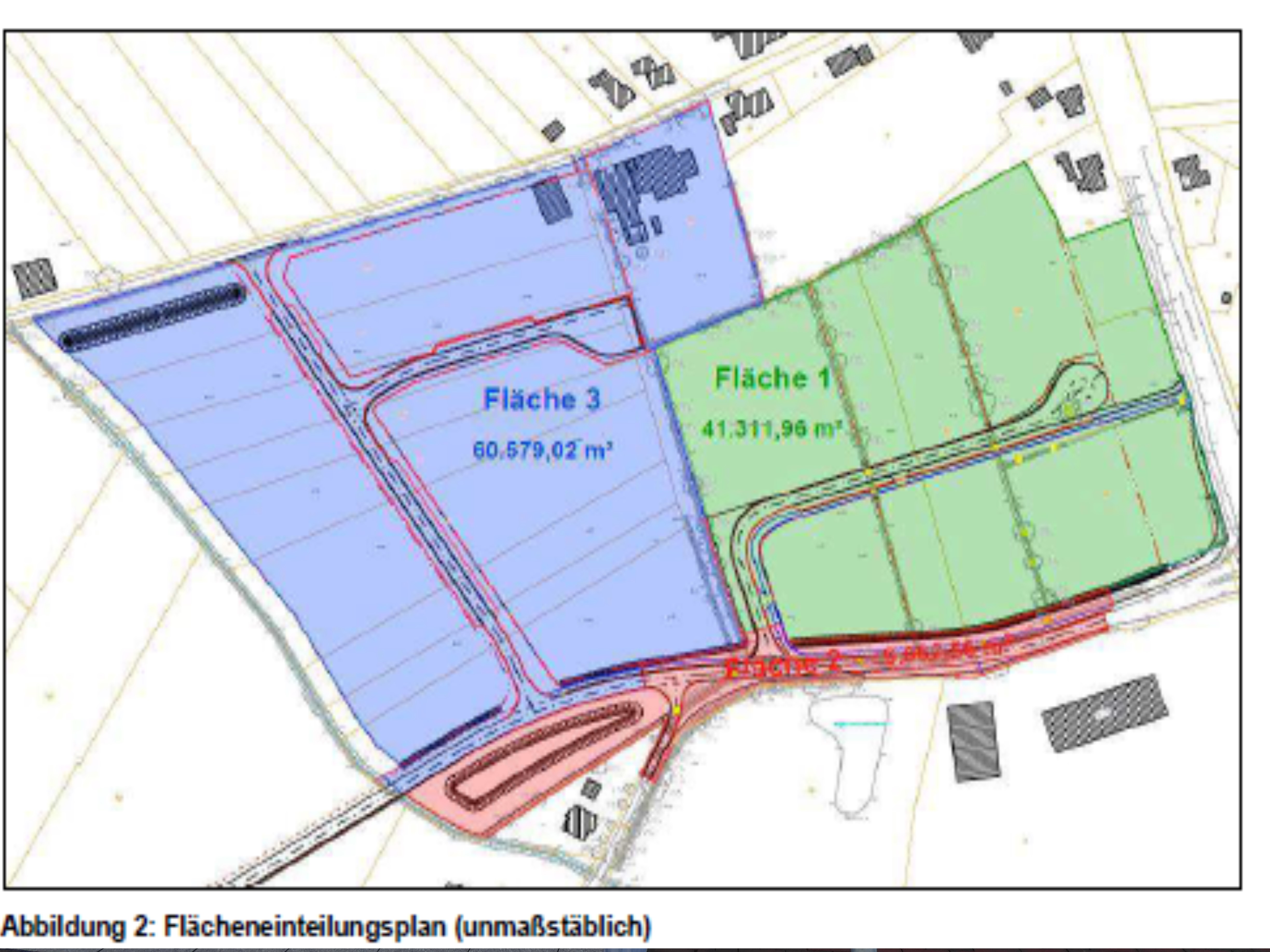 Einer Flächeneinteilungsplan des Industrie- und Gewerbegebietes Schirum in der Stadt Aurich. Die Fläche 1 ist grün und die Fläche 3 ist blau markiert.