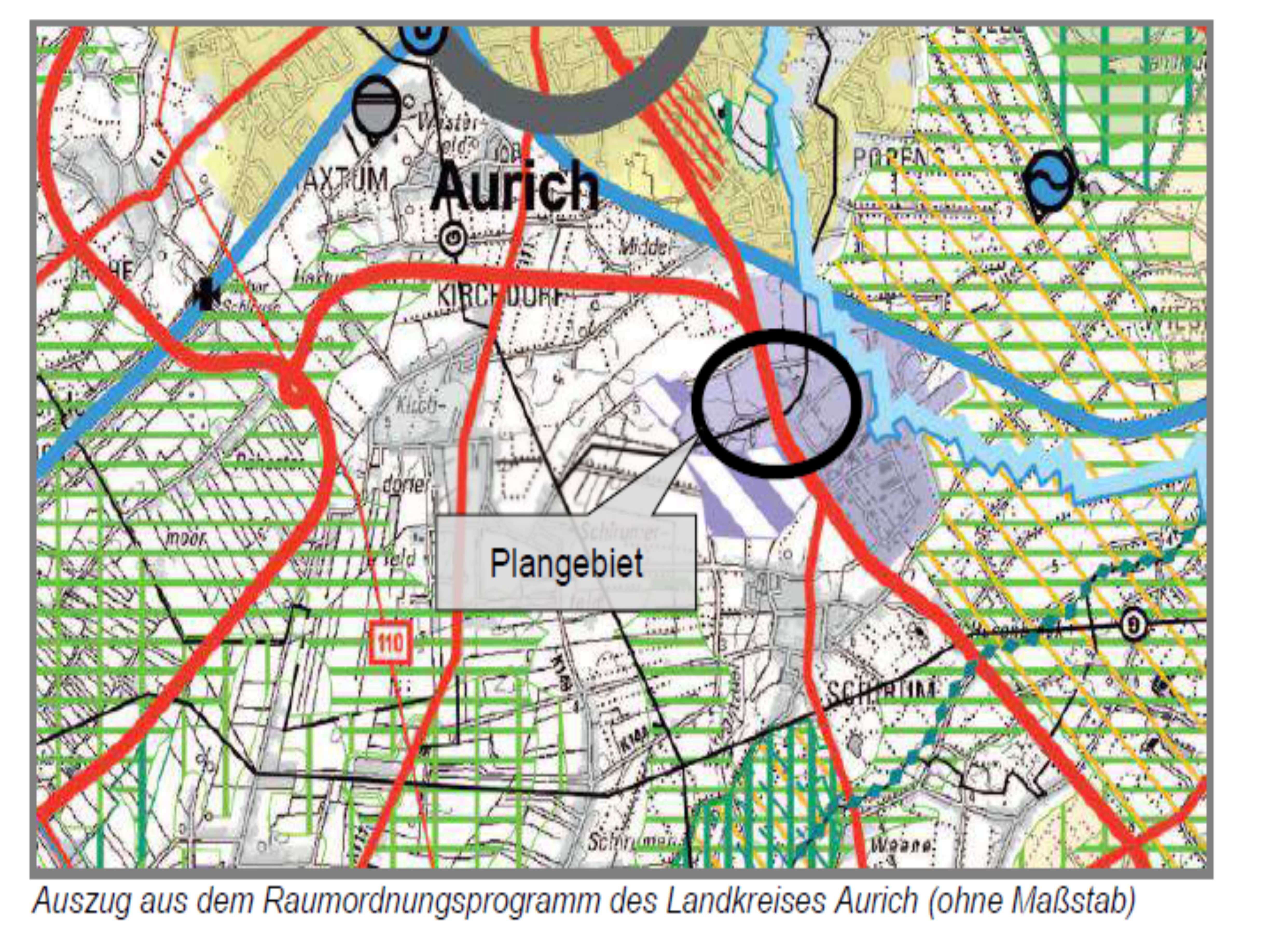 Der Auszug aus dem Raumordnungsprogramm des Landkreises Aurich, ohne Maßstab. Die Karte markiert das Plangebiet.