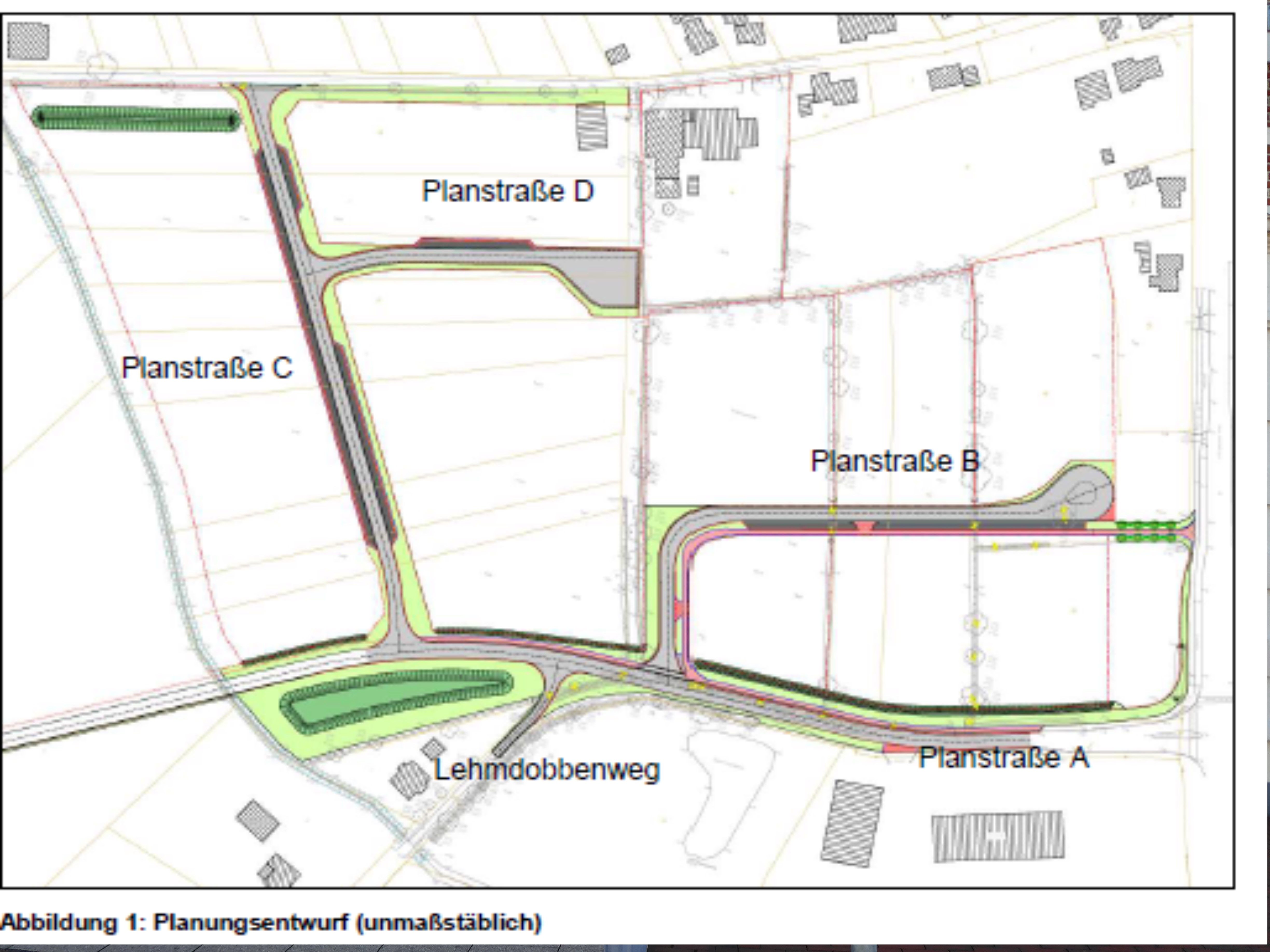 Einer Planungsentwurf des Industrie- und Gewerbegebietes Schirum in der Stadt Aurich. Die Planstraßen sind als A, B, C und D gekennzeichnet.