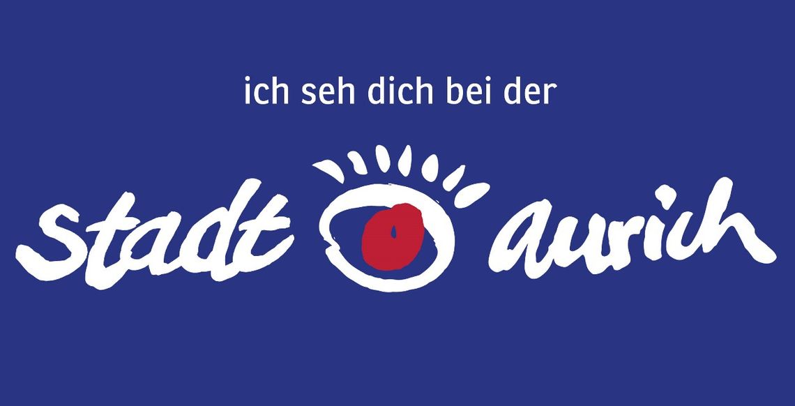 das Logo der Stadt Aurich mit dem Slogan "ich seh dich bei der Stadt Aurich" in weißer Schrift auf blauem Hintergrund, führt zu Ausbildungsangebote-Seite.